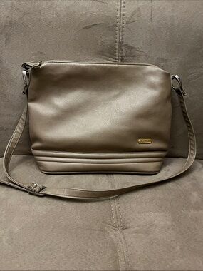 Kathie Lee Taupe Pebbled Crossbody with Gold Logo Plate